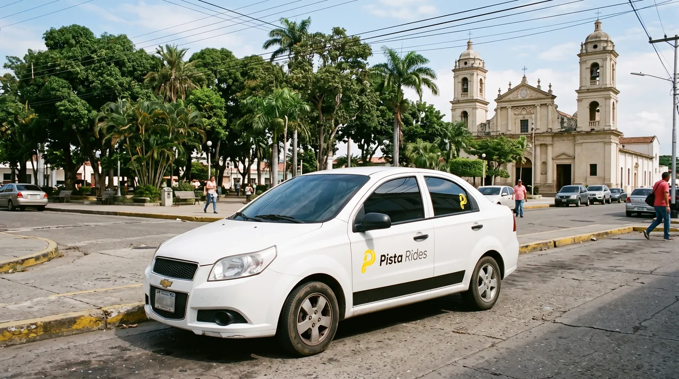 Carro rotulado de Pista Rides frente a la Plaza Bolívar de Guanare