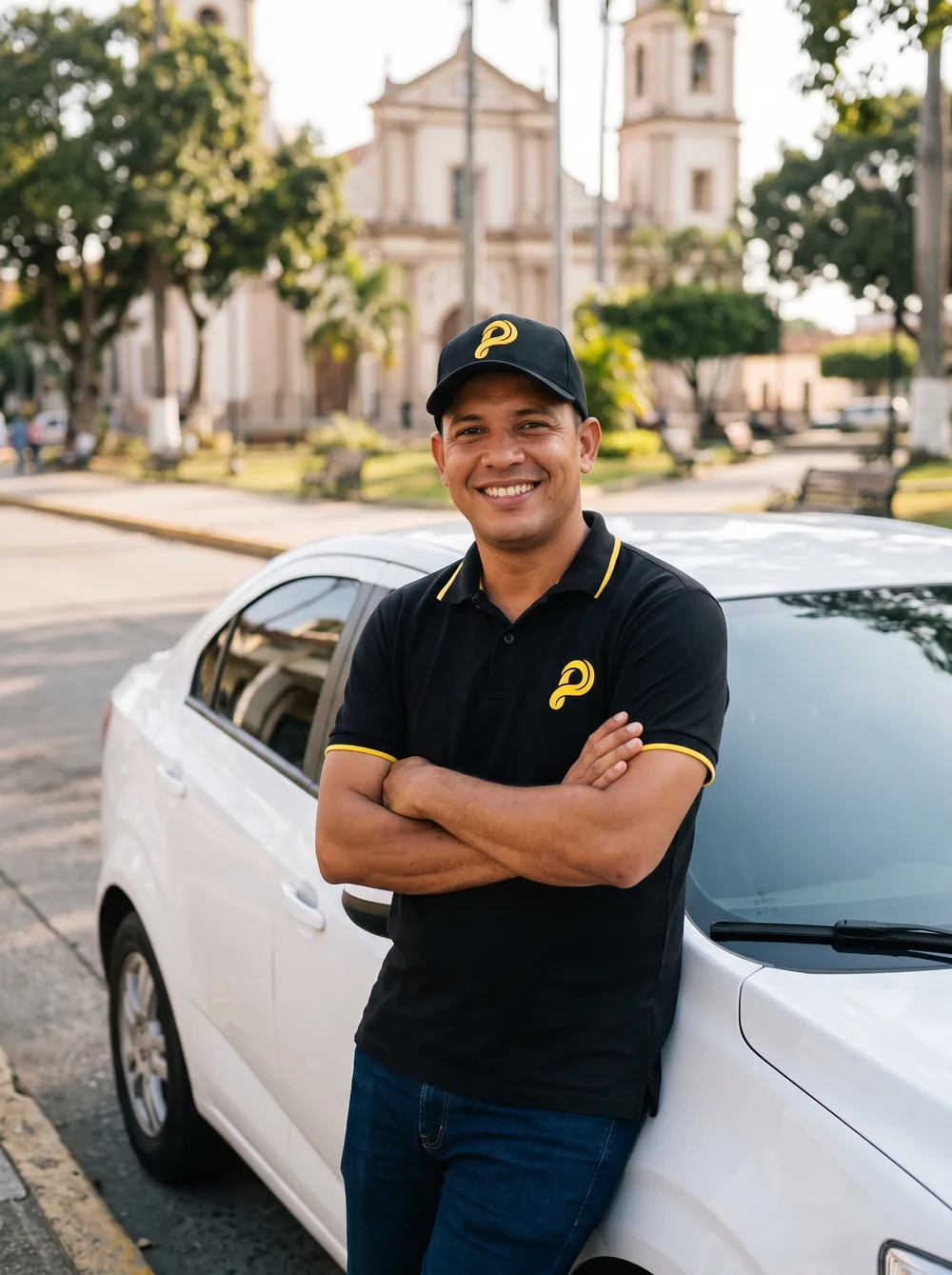 Conductor con el uniforme de Pista Rides, apoyado en su carro frente a la Plaza Bolívar de Guanare