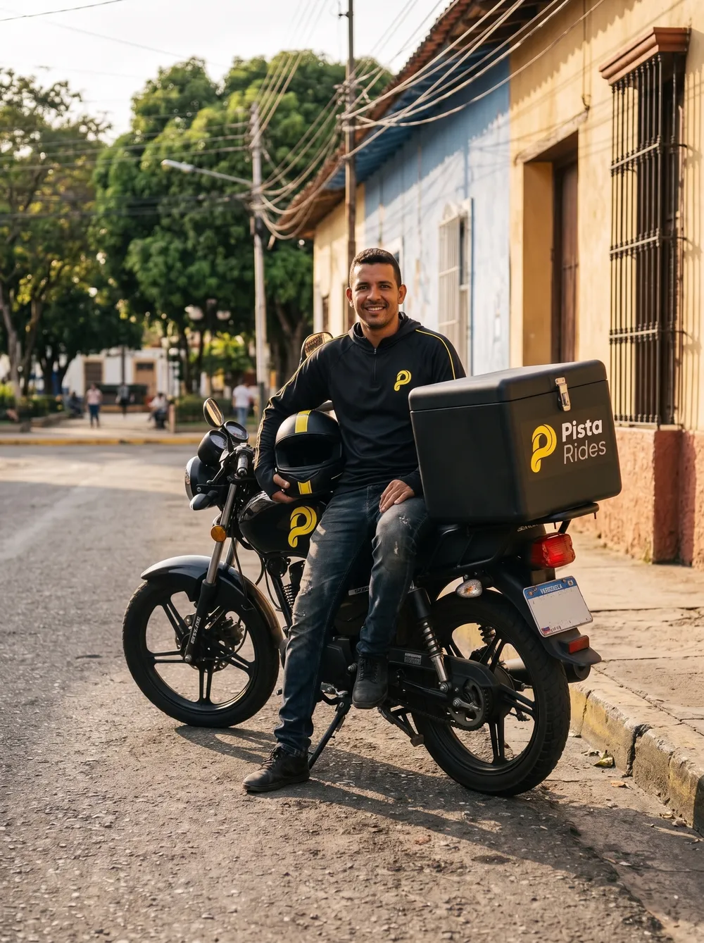 Conductor de Pista Rides sentado en su moto con el cajón de reparto, en una calle de Guanare