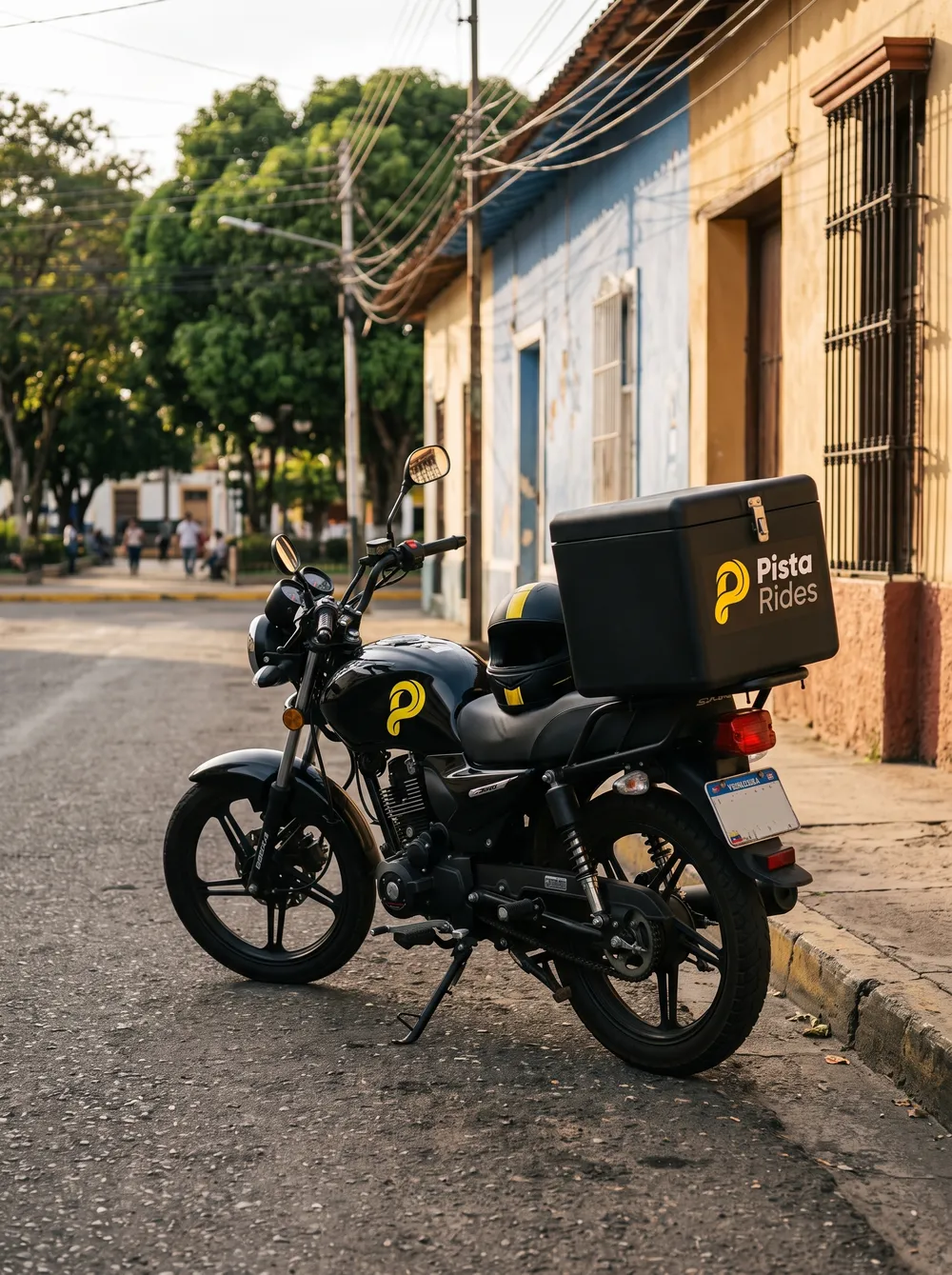 Moto rotulada de Pista Rides con cajón de reparto, estacionada en una calle de Guanare
