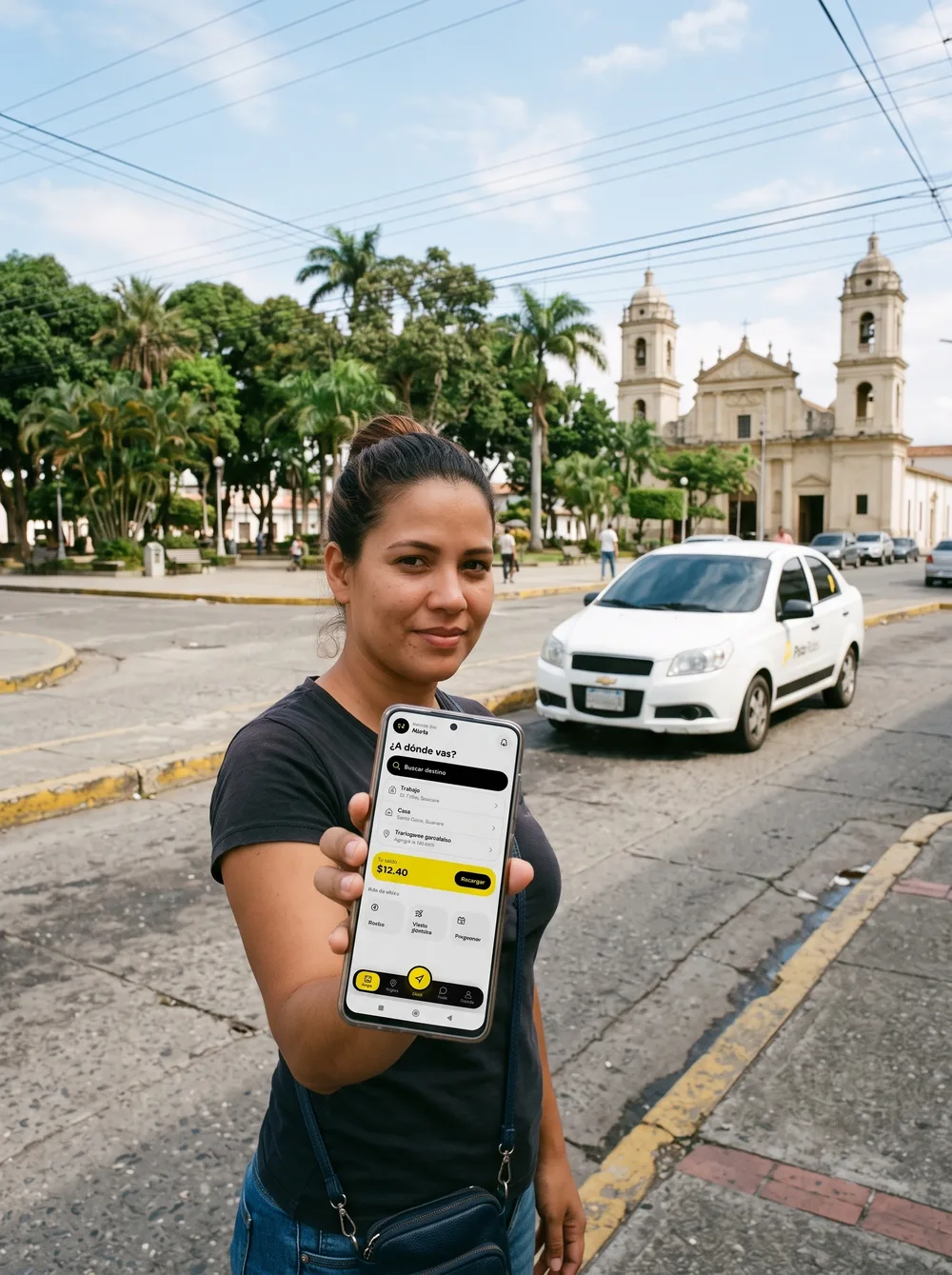 Pasajera frente a la Plaza Bolívar de Guanare mostrando la app de Pista Rides en su teléfono, con un carro de Pista llegando